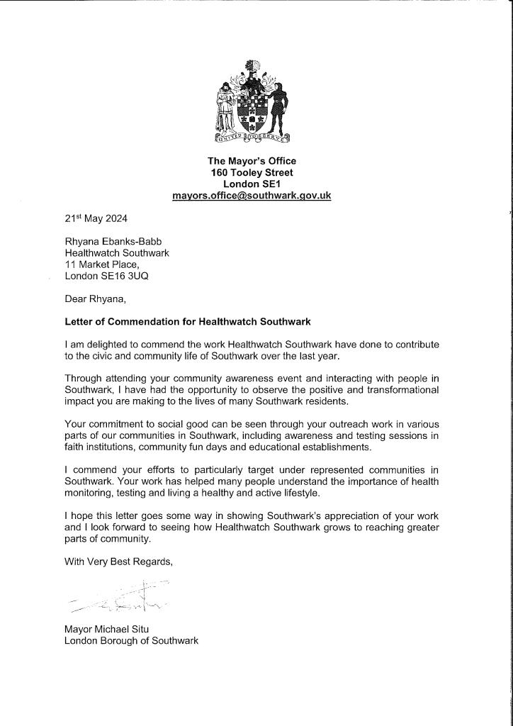 Copy of Letter of Commendation from Mayor of Southwark
