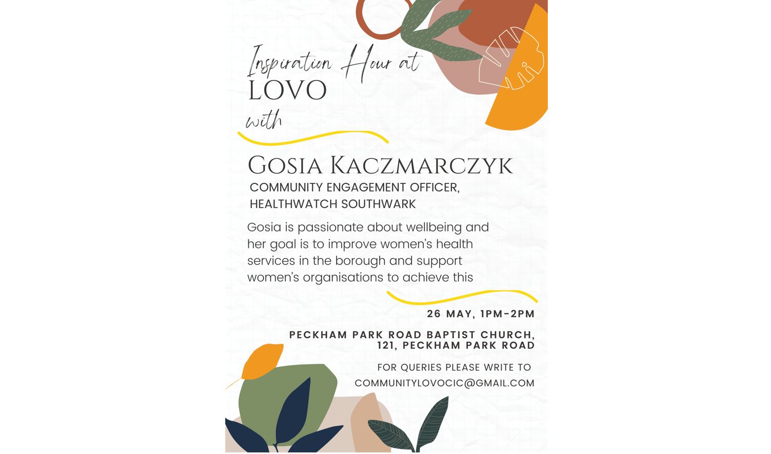 Join us with LOVI for Inspiration Hour in Peckham on Thursday! | Healthwatch  Southwark
