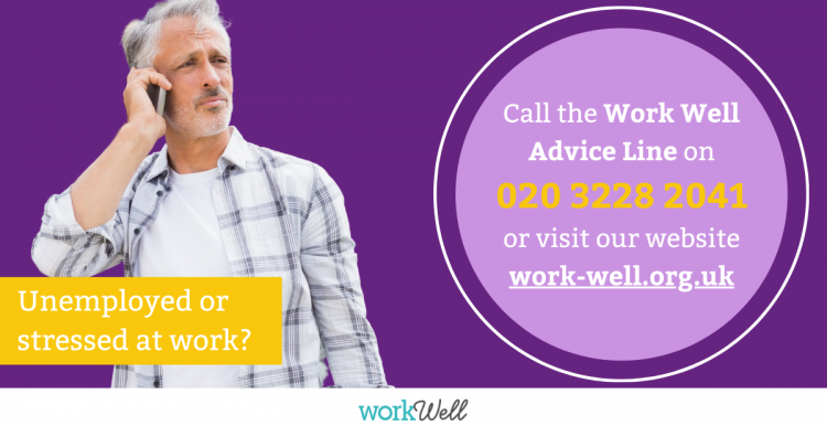 Man holding mobile phone- Call Work Well Advice Line on 020 3228 2041