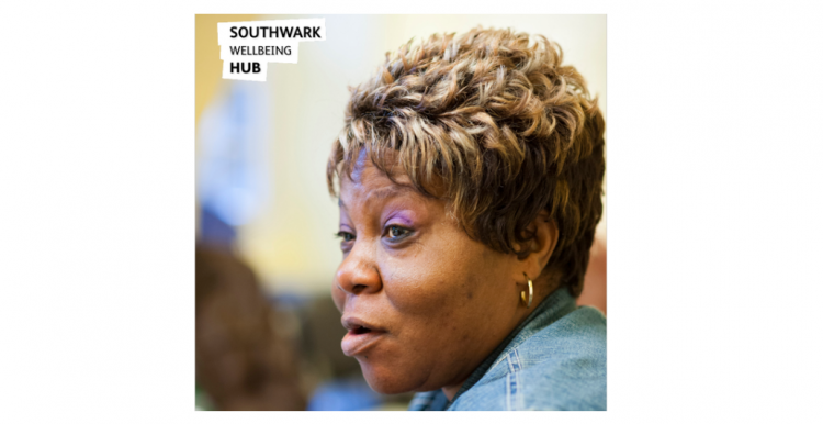 Black woman and Southwark Wellbeing Hub logo