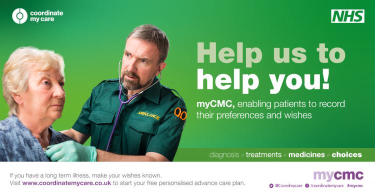 Help us to help you Paramedic helping an older woman with the caption 'Help us to help you'