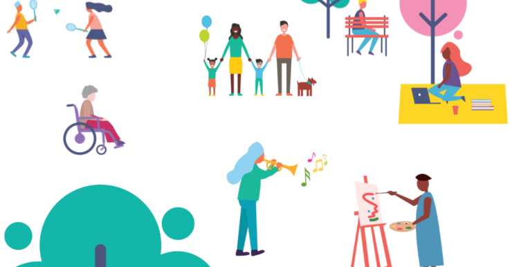 Cartoon of people doing activities in the community Cartoon of people doing activities in the community
