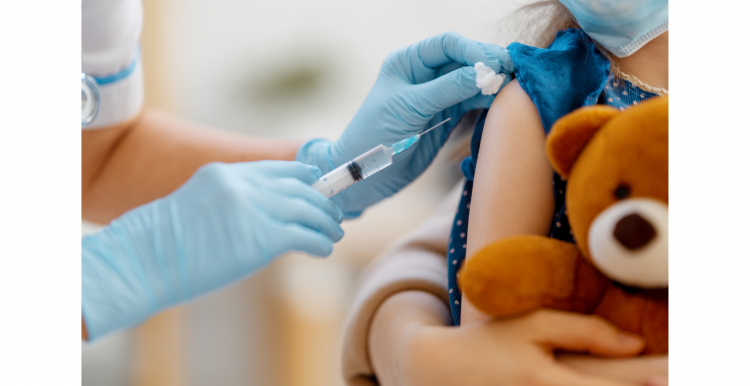 Child with teddy bear receiving vaccine