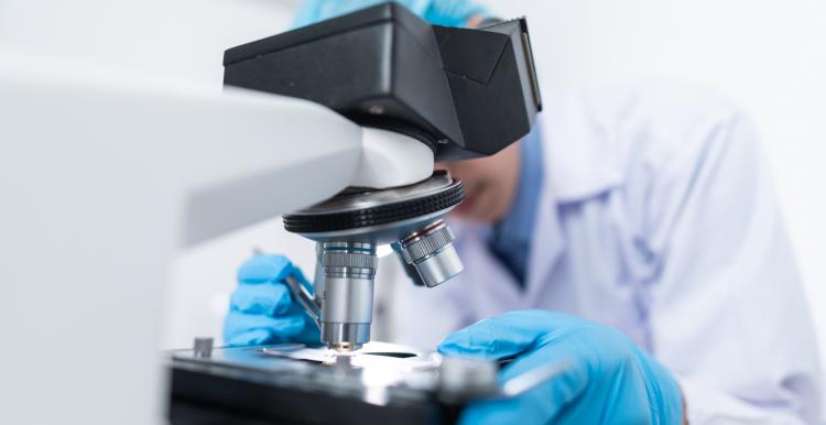 Clinical trials Person leaning over a microscope in a scientific laboratory