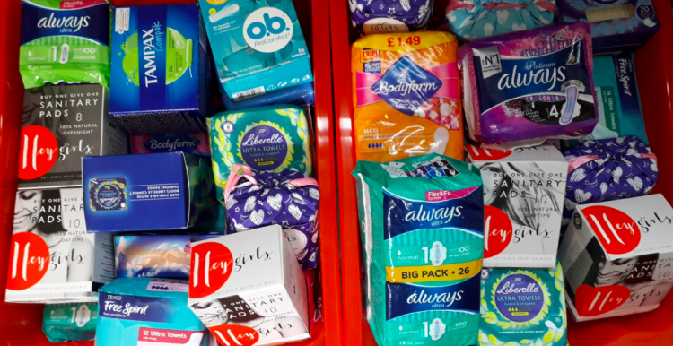 Red Box filled with sanitary products