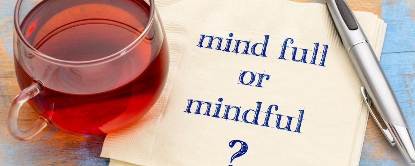 cup of tea, notes with Mindful or Mind Full?, silver pen next to it