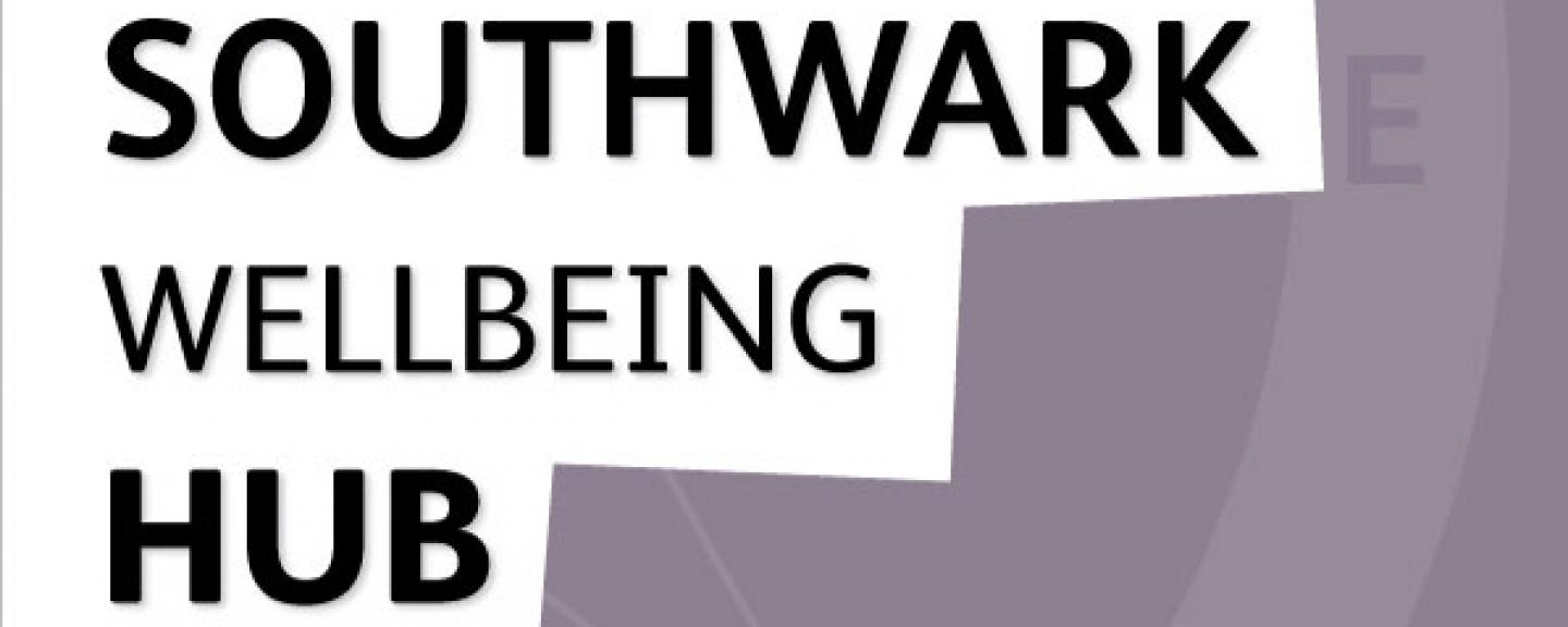 white logo Southwark Wellbeing Hub on purple background