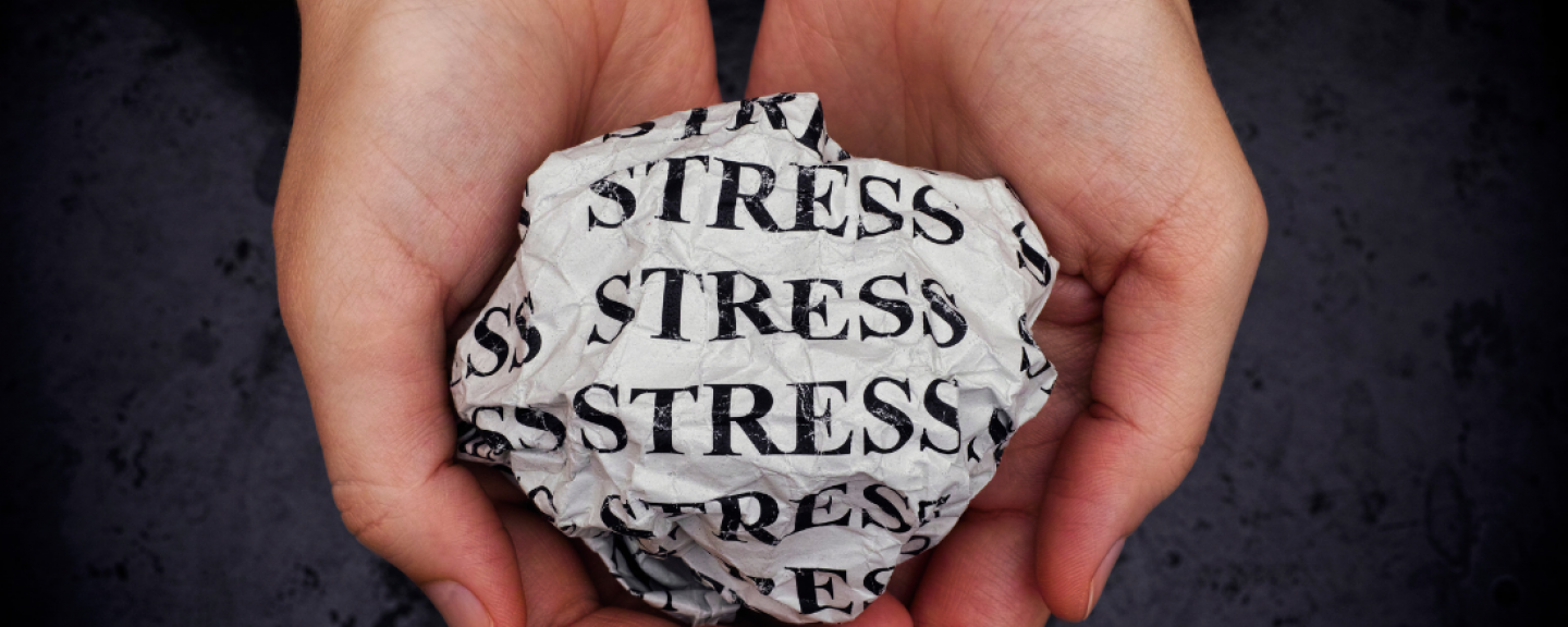 hands holding a paper ball with stress written on it