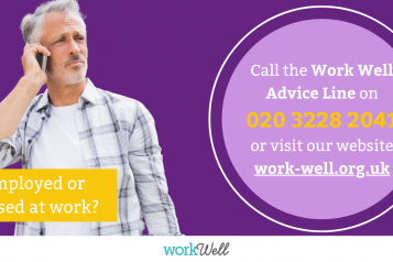 Man holding mobile phone- Call Work Well Advice Line on 020 3228 2041