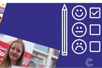 Girl volunteer smiling and survey cartoon