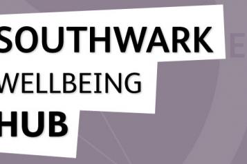 white logo Southwark Wellbeing Hub on purple background