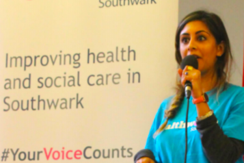 Former Healthwatch Southwark manager Aarti speaking at public event