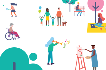Cartoon of people doing activities in the community 