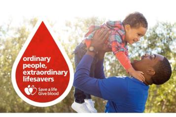 Picture of father holding baby son and text saying ordinary people, extraordinary lives